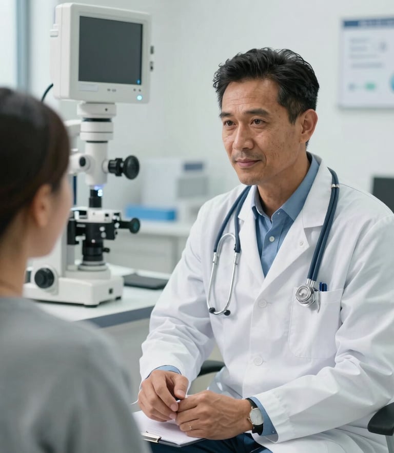 A compassionate North American physician consulting with a patient in a bright, innovative clinical setting, emphasizing empathetic healthcare and modern diagnostic tools.