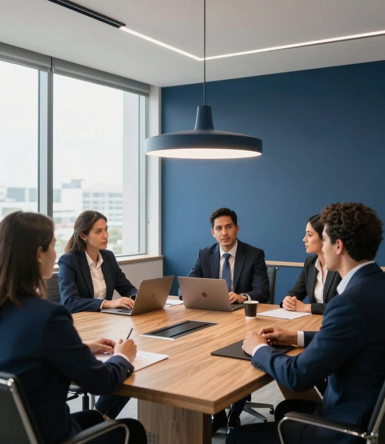A professional and modern South American / Brazilian office interior. A group of professionals in business attire sits around a light wood conference table. Large windows provide natural light. Minimalist decor includes Navy Blue and Steel Blue accents.
