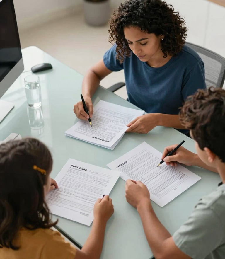 a South American / Brazilian family reviewing financial documents at a clean light steel blue desk, elegant and modern atmosphere