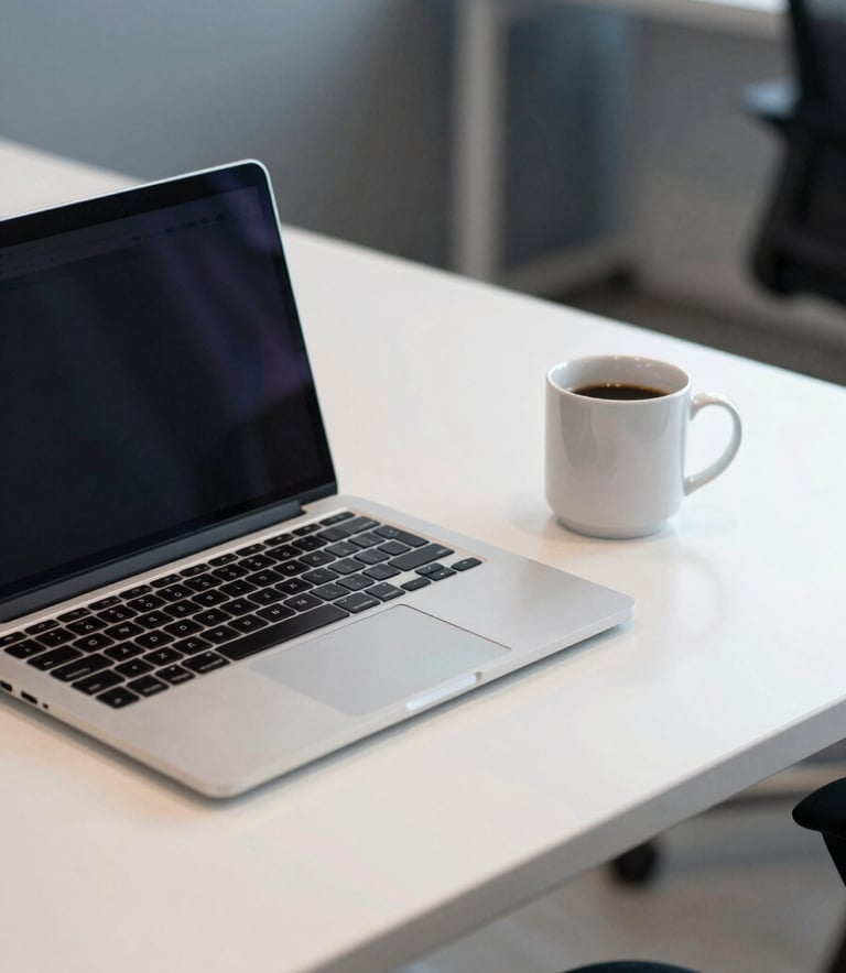 a modern South American / Brazilian office setup with a laptop and a coffee mug on a pristine desk, off-white and slate blue tones, clean aesthetic