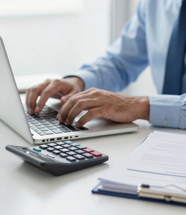 Close-up of a professional accountant's hands working on a laptop in a bright South American / Brazilian office. A professional calculator and a neat stack of documents are on the desk. The lighting is soft and airy, featuring a Cloud White and Pale Blue color palette.
