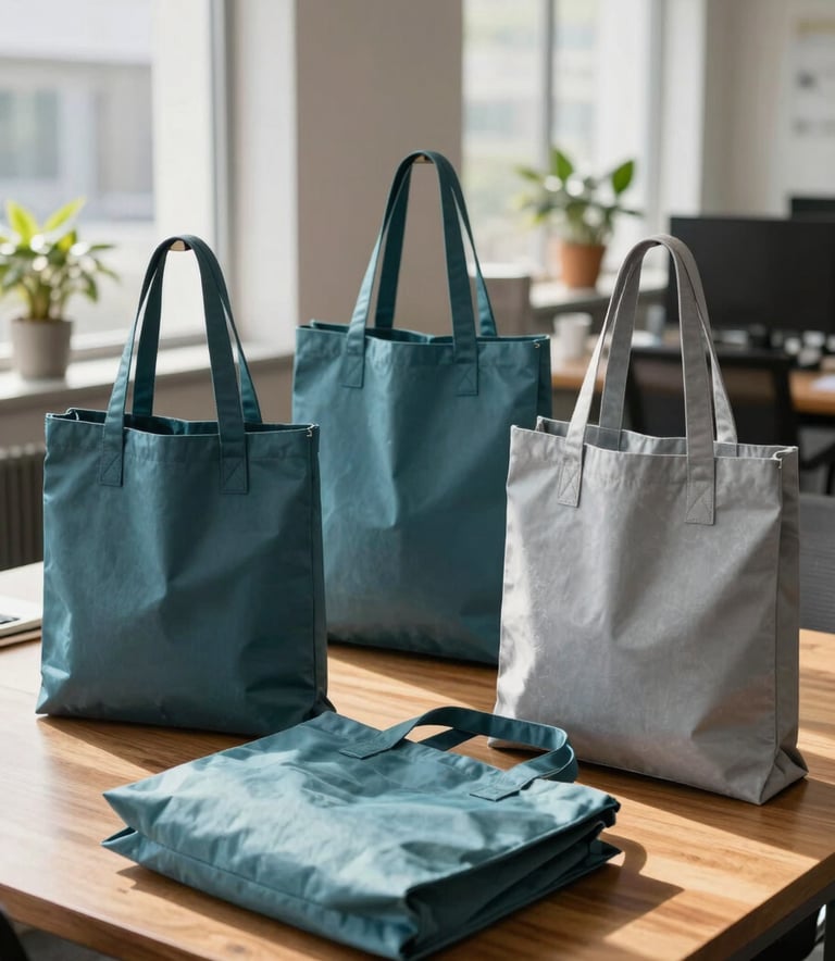 A variety of high-quality customized tote bags in muted teal and soft blue-grey colors, neatly displayed on a wooden table in a contemporary South Asian / Indian office setting with sunlight streaming through large windows.