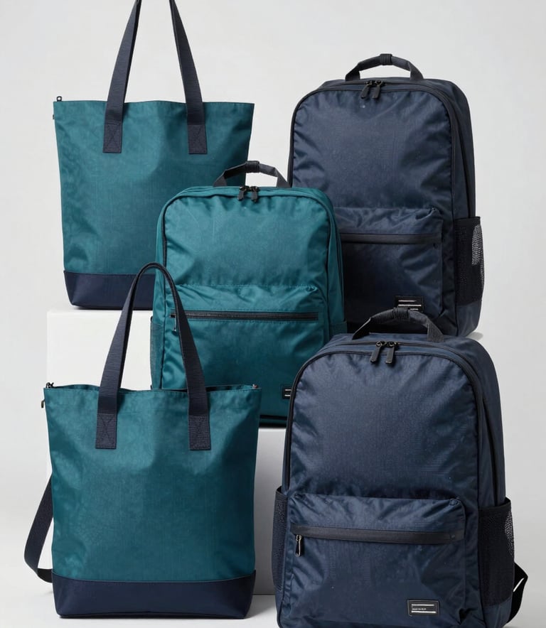 A high-quality studio shot of various customized tote bags and backpacks in Sea Teal and Dark Charcoal Blue colors, arranged neatly on a Soft Ice White background.