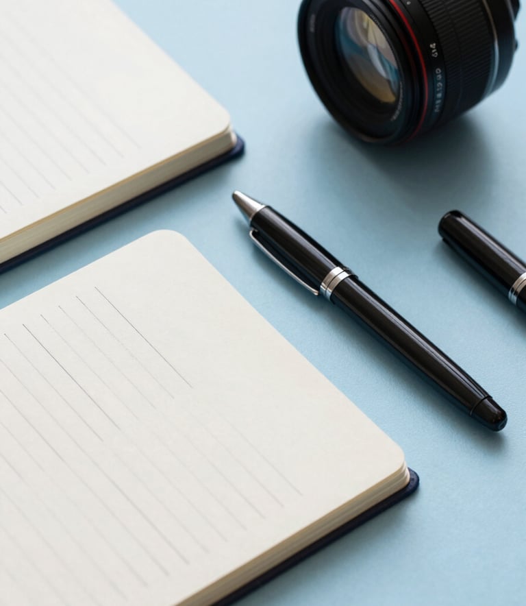 Close-up photography of corporate promotional gifts like branded notebooks and pens on a Misty Blue surface, professional and clean aesthetic.