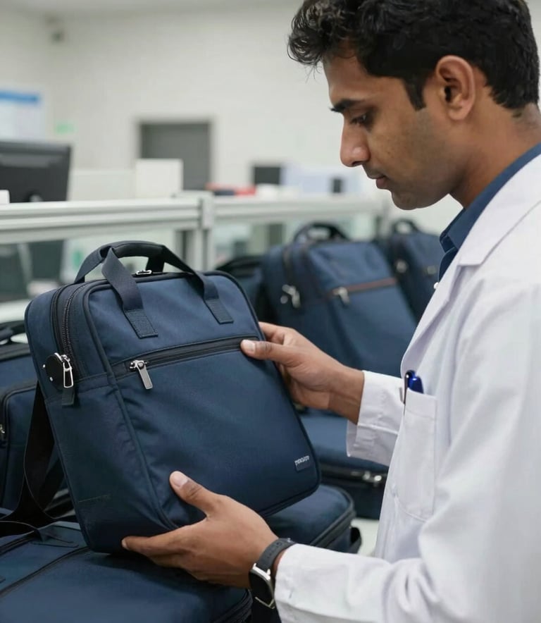 A close-up shot of a professional South Asian / Indian quality assurance specialist inspecting a batch of dark slate blue laptop bags in a brightly lit modern facility. The lighting is crisp and the atmosphere is clean and business-focused.