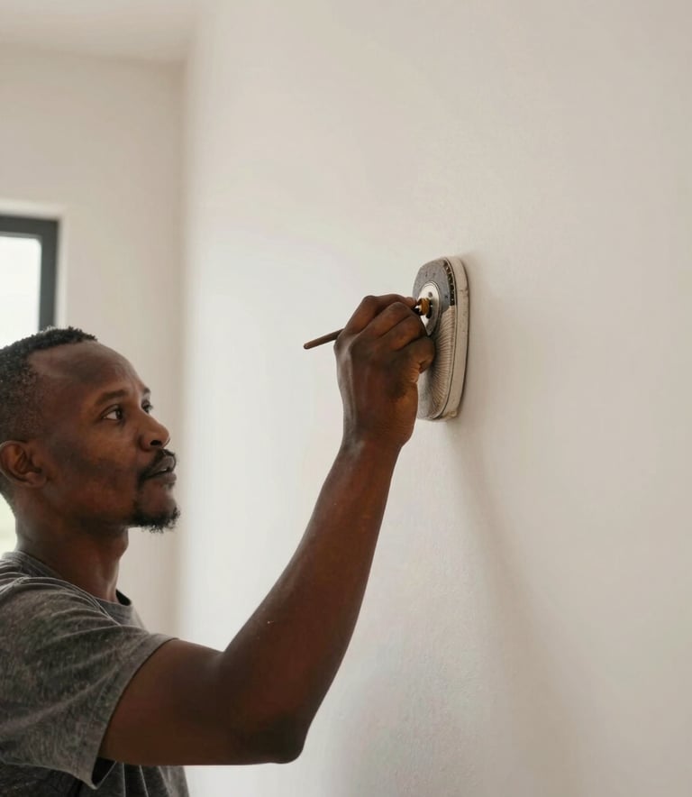 A focused shot of a Southern African artisan performing wall skimming in a modern residential interior, creating a smooth off-white surface, clean and professional lighting.