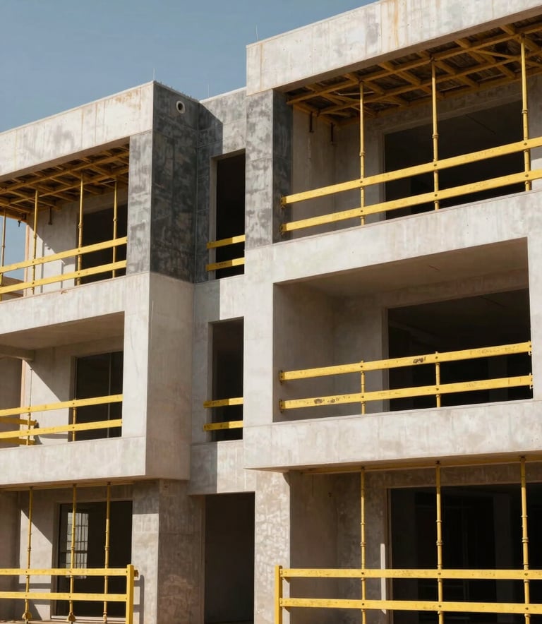 Photography of a modern architectural residential project under construction in a sunny Southern African setting. The scene features clean geometric lines, vibrant yellow scaffolding, and charcoal grey structural elements against a clear sky.