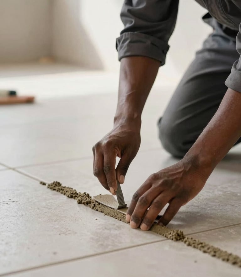 A close-up photograph of a skilled Southern African professional in dark grey workwear carefully applying grout to high-quality floor tiles, soft natural light, professional construction setting.