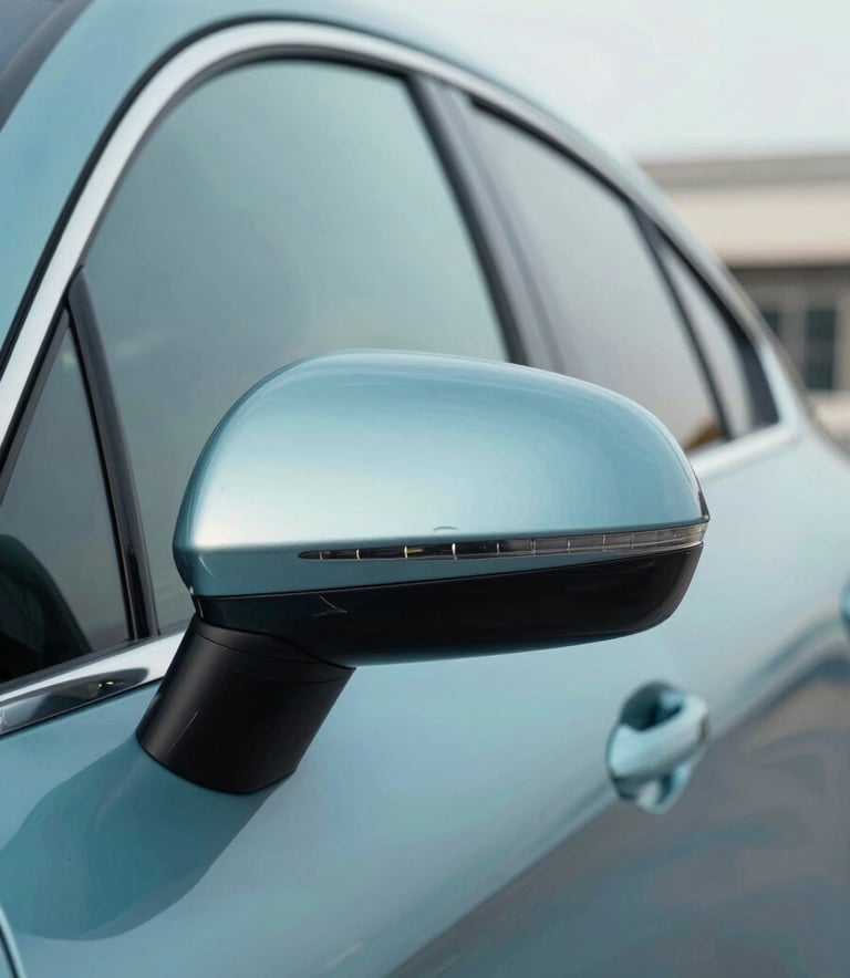 Close-up of a high-end car's side mirror and door, polished to a mirror-like finish, reflecting a clean modern building and a clear sky, colors featuring #3E6C8F and #EBF5F9 tones, professional automotive photography style.