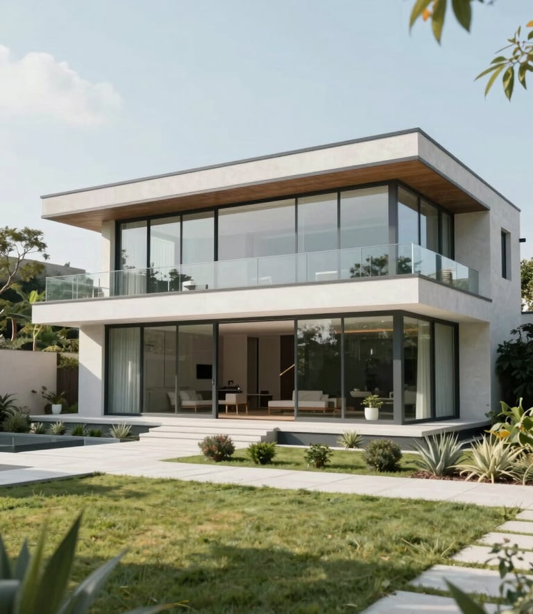 A modern luxury home with expansive glass walls, perfectly transparent and shining, surrounded by a well-kept garden, midday light, clean aesthetic with #EBF5F9 highlights.