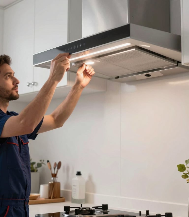 Photography of a technician installing a sleek kitchen extractor hood over a modern stove, with clean silver mist surfaces and bright interior lighting.