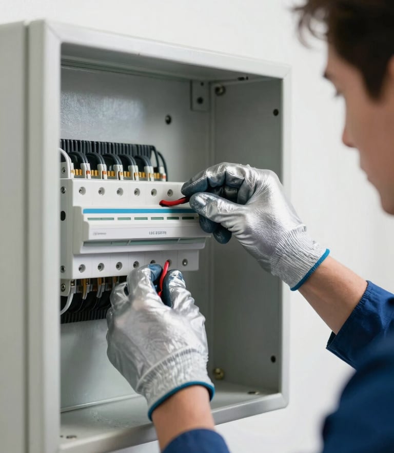 A close-up photograph of a professional electrician's hands in silver mist gloves carefully wiring a modern white electrical panel inside a bright, off-white room.
