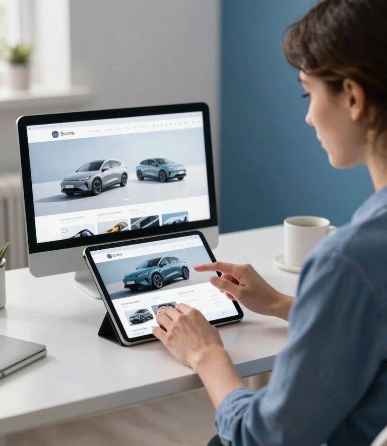 A focused user in a modern home office browsing a sleek car marketplace on a tablet. The room is decorated in Cloud White and Steel Blue tones. The lighting is soft and natural, emphasizing a streamlined and easy user experience.