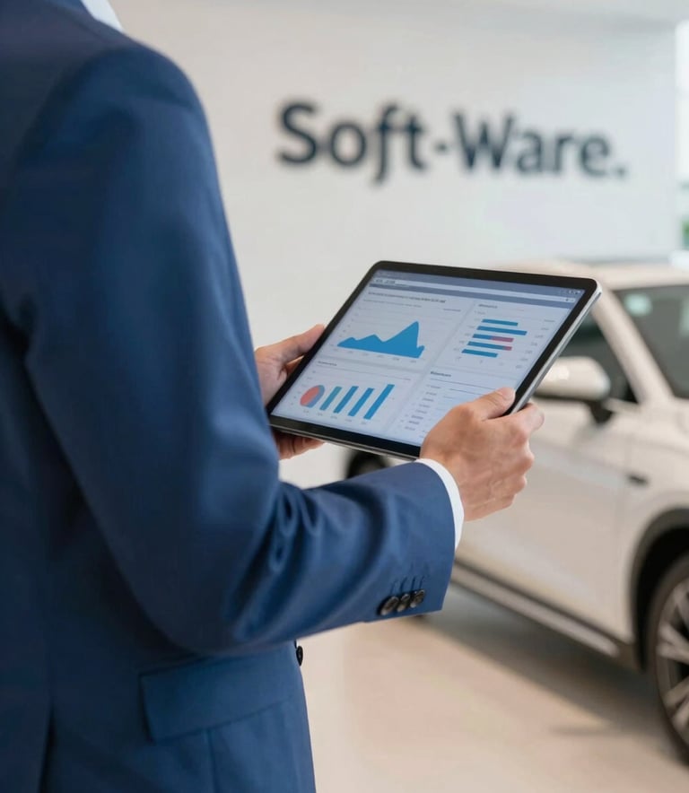 A professional person in a Steel Blue business suit standing in a modern showroom, holding a digital tablet. The tablet shows data-driven charts. The background is a clean Soft Off-White car dealership.
