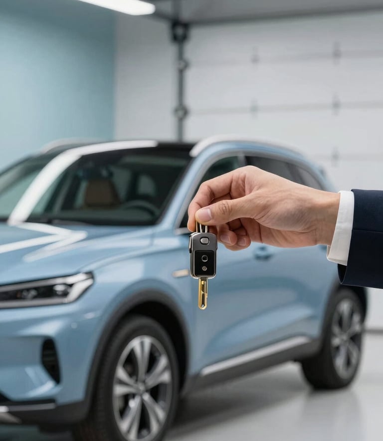 A close-up shot of hands in a professional setting handing over keys to a Steel Blue SUV. The background is a soft-focus modern garage with Misty Blue accents.