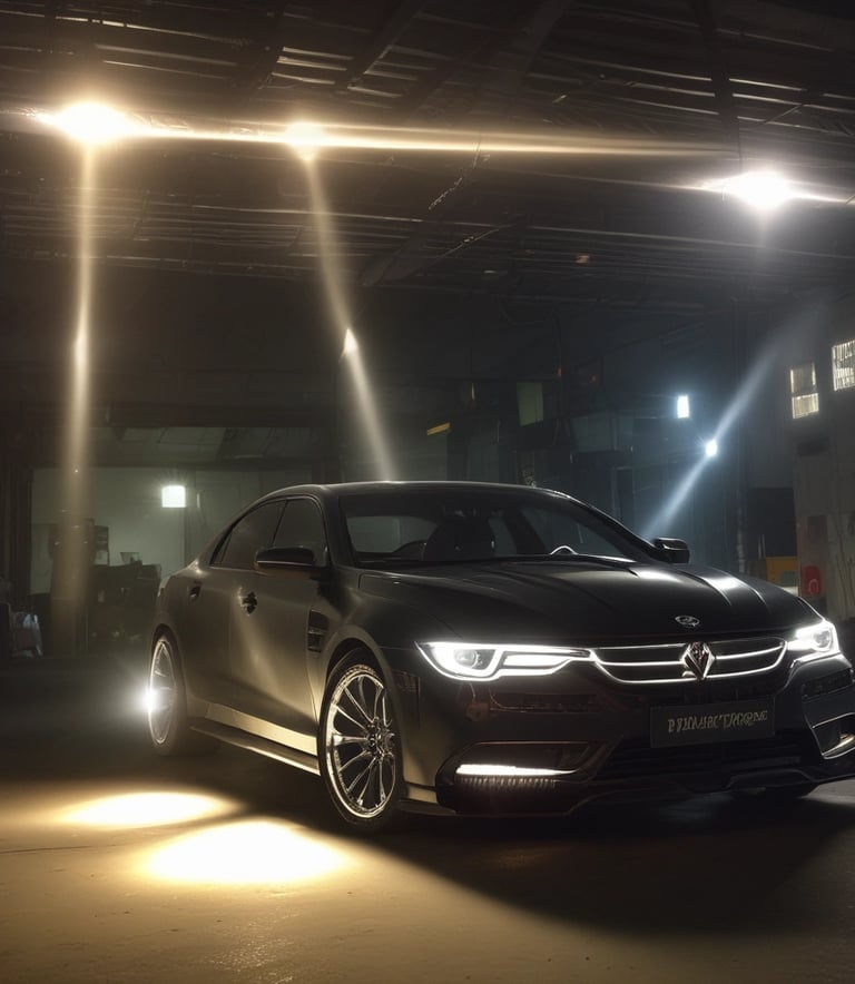 Close-up of sleek LED headlights glowing with crisp brightness on a luxury car in a dark showroom.