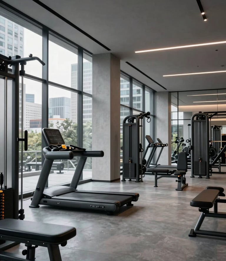 A high-end, minimalist architectural shot of a modern gym in a North American city, featuring sleek glass walls, polished concrete floors, and matte charcoal equipment under soft, sophisticated lighting.