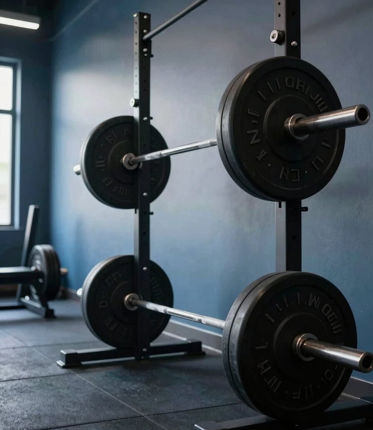 A low-angle, cinematic photograph of a premium, minimalist gym in the United States. The scene features high-quality matte black weight plates and steel bars. The atmosphere is quiet, powerful, and focused, with soft natural light hitting muted blue walls.