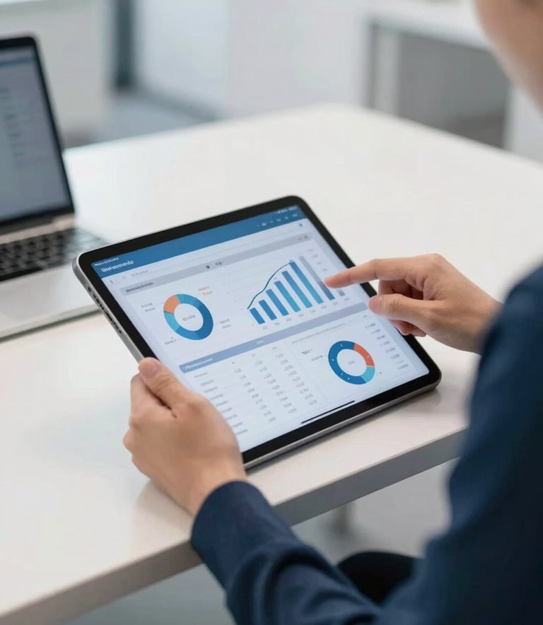 Professional close-up of a person in premium athletic wear reviewing marketing performance data on a tablet in a bright, modern North American office with a clean, minimalist aesthetic.