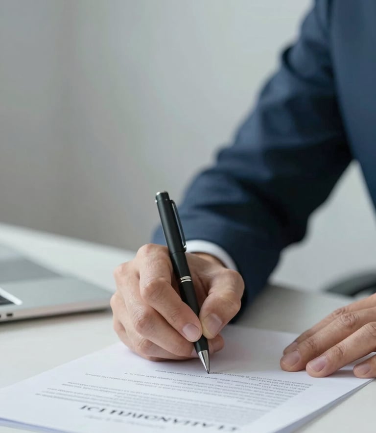 A close-up of a professional signing a document on a clean desk, symbolizing legal clarity and credit registration, with soft lighting and #A7B9C7 tones.