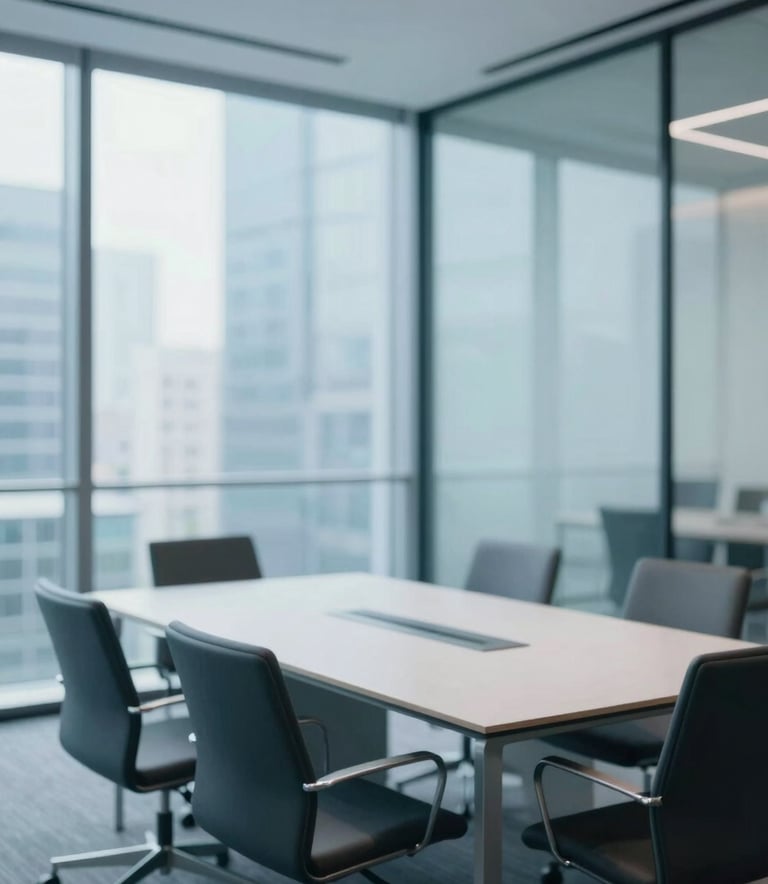 A high-end, minimalist corporate office meeting room with glass walls and professional atmosphere, incorporating shades of #1E3A5F and #A7B9C7.