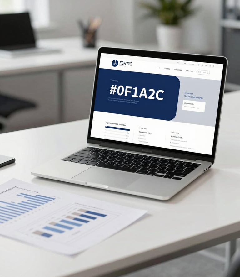 A clean and sophisticated office desk featuring a laptop and organized financial documents. The lighting is bright and professional, incorporating the brand colors #0F1A2C and #F5F7F9 in the modern decor.