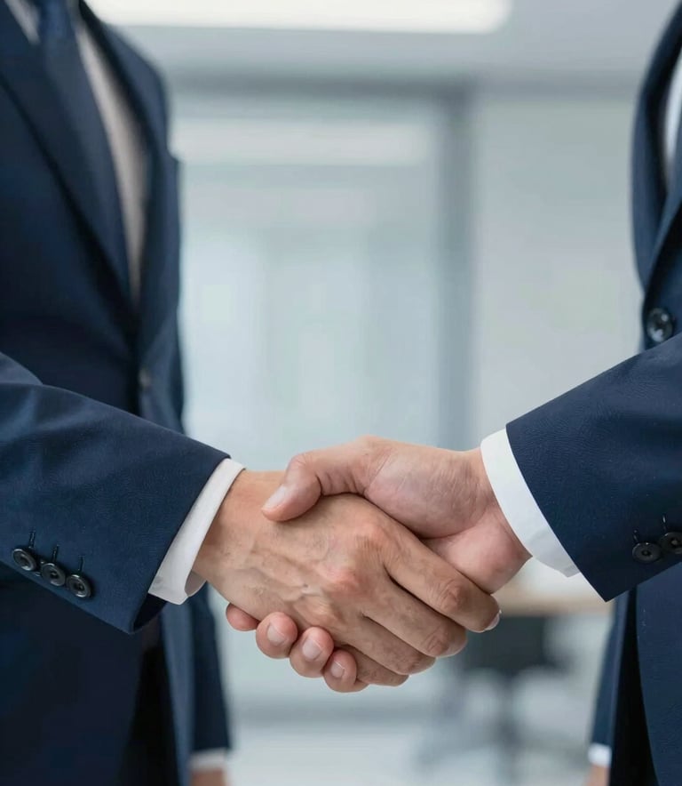 A close-up of a handshake between two professionals in business attire, symbolizing trust and agreement. The background is a modern office with soft lighting and a color palette featuring deep blues (#1E3A5F) and professional greys (#A7B9C7).