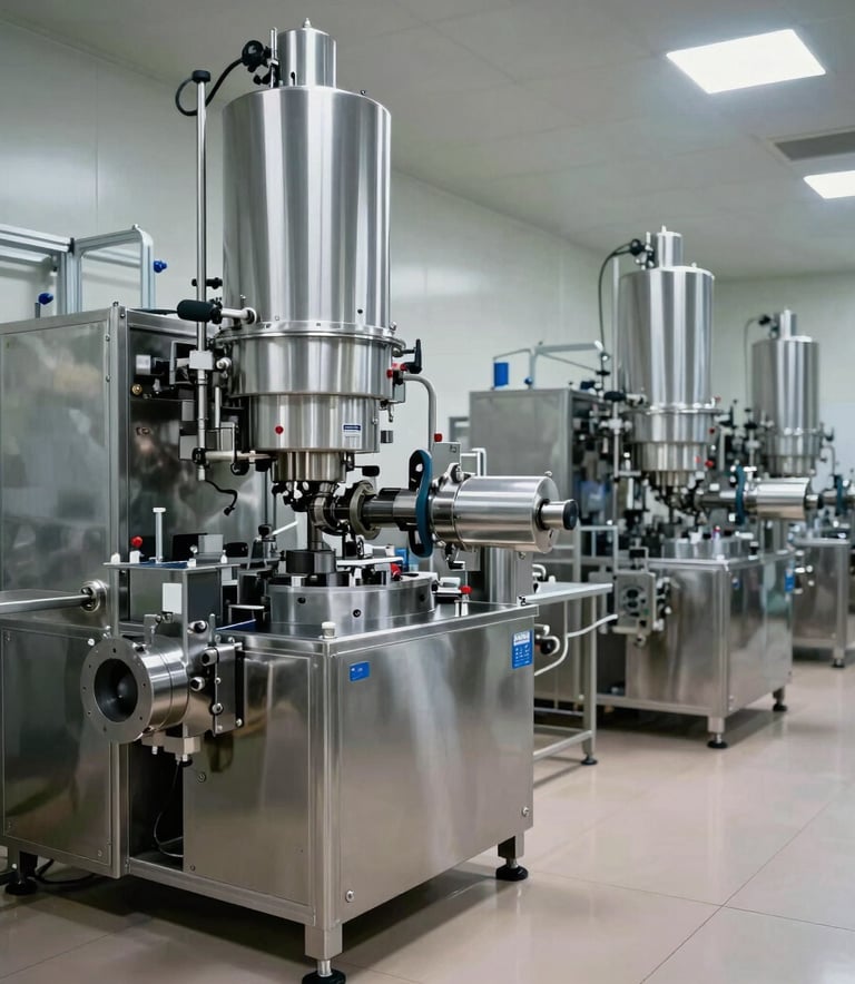An interior shot of a large-scale pharmaceutical manufacturing plant. Gleaming stainless steel machinery and automated production lines are visible on a polished floor. The setting reflects a modern industrial facility in India with a focus on hygiene and precision engineering.