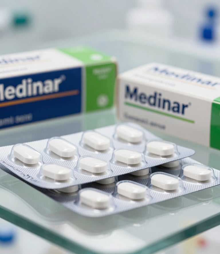 Close-up photograph of premium pharmaceutical blister packs and medicine boxes on a clean glass surface. The focus is sharp on the professional Medinar branding in navy blue and green tones, set against a bright, sterile background with soft corporate lighting.