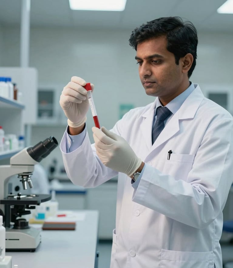 A professional South Asian / Indian laboratory director in a modern white lab coat holding a medical sample, standing in a high-tech Bangalore research facility with soft lighting and a clean, corporate aesthetic.