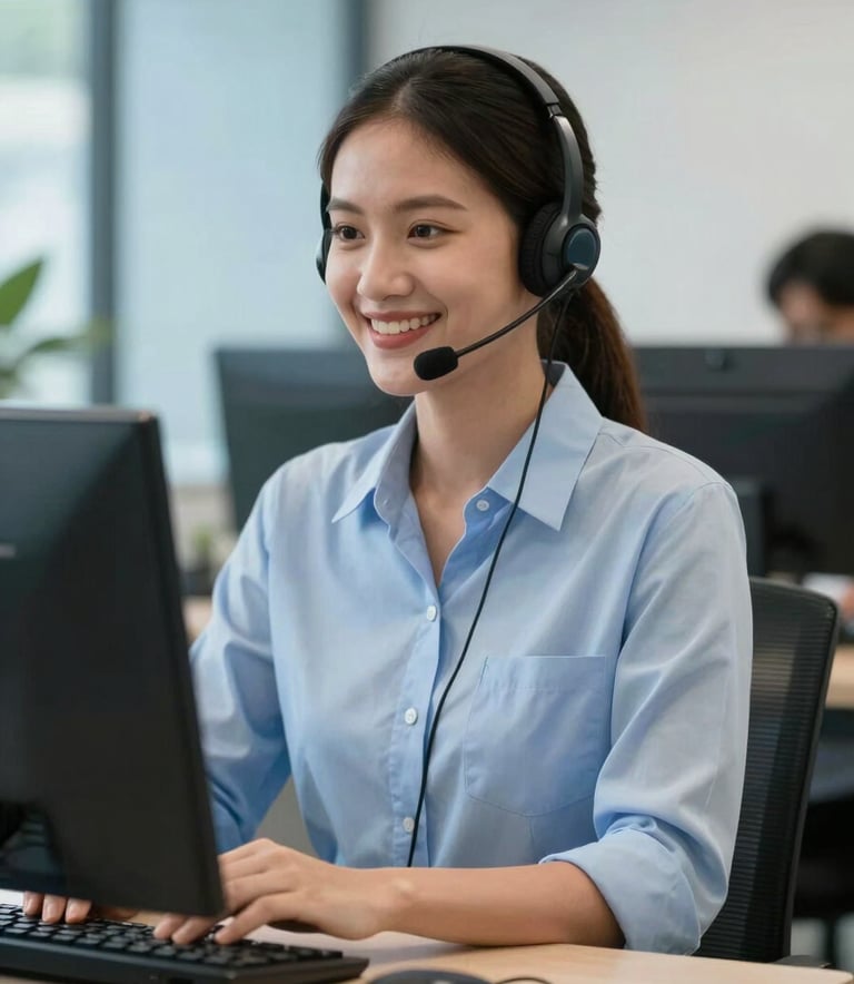 A friendly customer service professional in a modern Southeast Asian / Indonesian workspace, wearing a headset and smiling, environment decorated with Sky Blue and Soft Mist Blue elements.