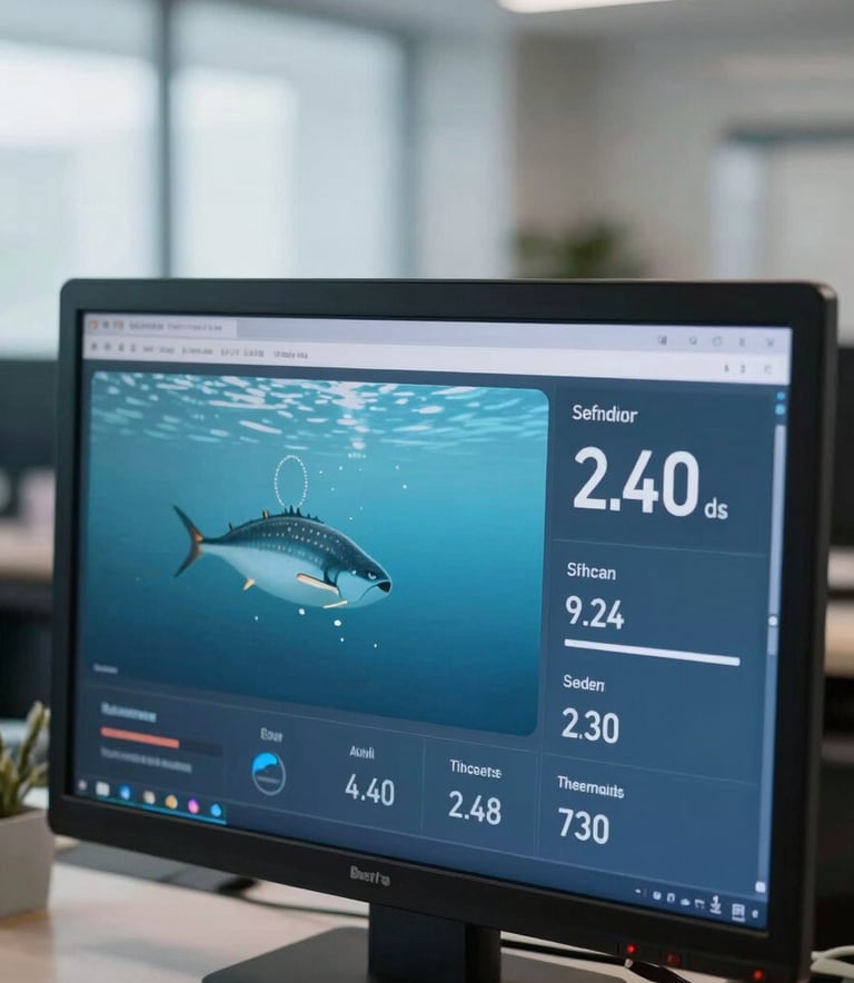 A high-tech digital dashboard displaying aquaculture metrics on a large screen in a modern Southeast Asian / Indonesian office, soft focus on the background, featuring Soft Mist Blue and Ocean Blue colors.