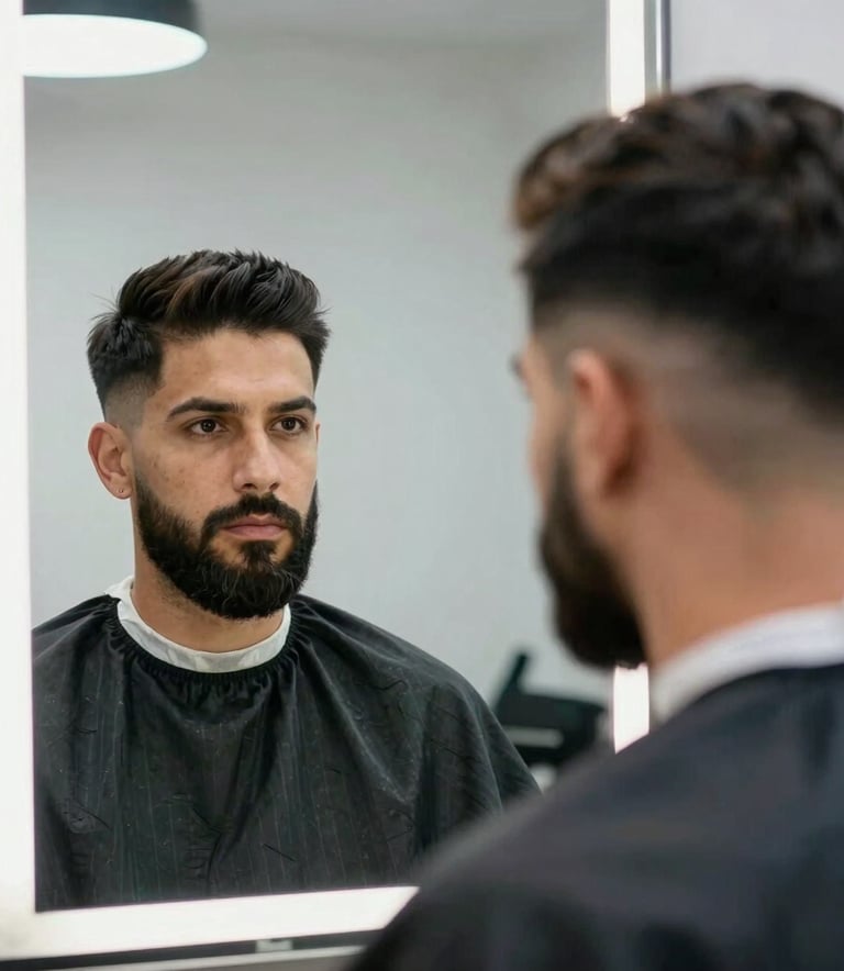 A refined gentleman in South America looking at his reflection in a high-end barber shop mirror, sporting a crisp modern fade and perfectly groomed beard. The lighting is sophisticated, with white and steel blue tones from the brand palette, capturing a moment of pure style.