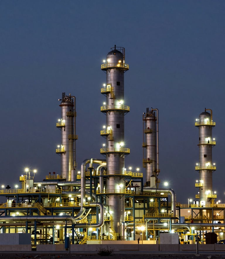 A sharp, clear photograph of an industrial facility skyline in Jubail at dusk, with specialized lighting illuminating the pipes and towers. The composition is professional and strong, highlighting the scale of Saudi Arabia's industrial contracting capabilities with a palette of deep slate and gold highlights.