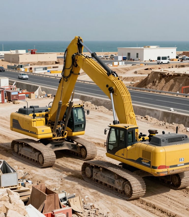 Professional photography of a road construction site in a Middle Eastern coastal region, featuring heavy machinery and foundation works for a new industrial highway.