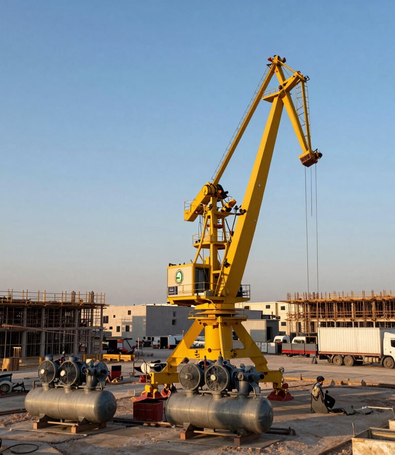 Wide-angle photograph of heavy industrial equipment including a large yellow crane and air compressors stationed at a bustling construction site in Jubail, Saudi Arabia, during the golden hour. The scene features a clear blue sky and industrial structures in the background, conveying a sense of robust activity and engineering strength in a Middle Eastern / Gulf setting.