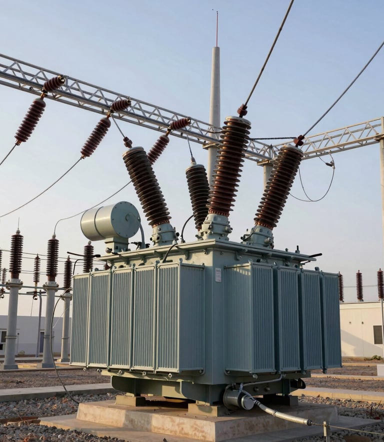A detailed photograph of a modern electrical substation in a Middle Eastern industrial area, showcasing high-voltage transformers and Steel Blue switchgear components under a bright morning sun.