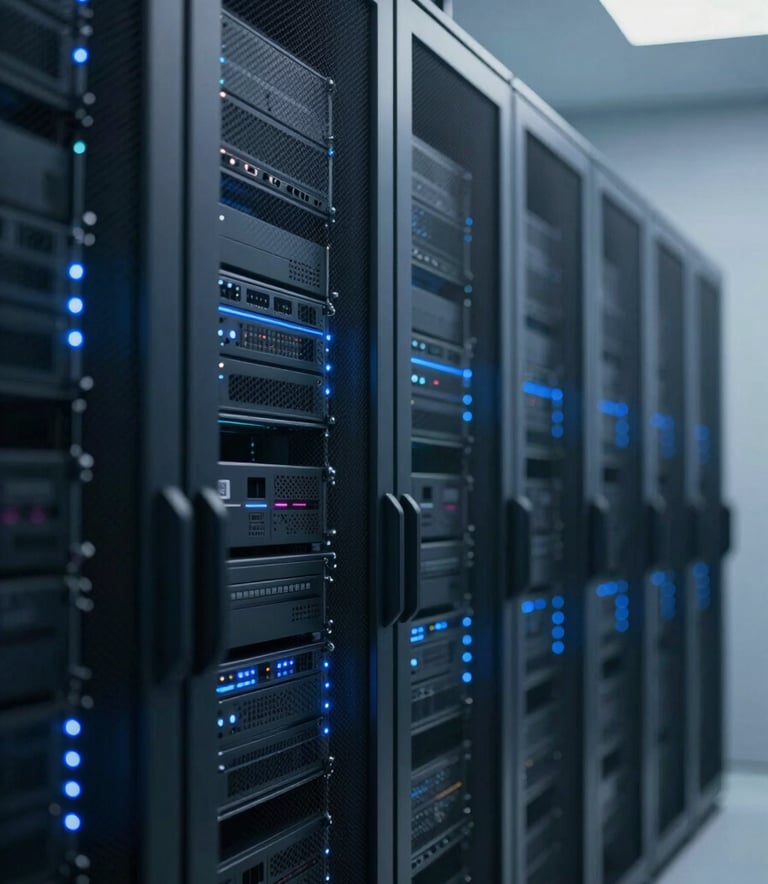 A high-tech, professional server room environment with sleek racks and blue LED indicator lights. The style is modern and sophisticated, using a color palette of #0B1A2A and #345D7E. The lighting is clean and emphasizes precision and technological infrastructure.