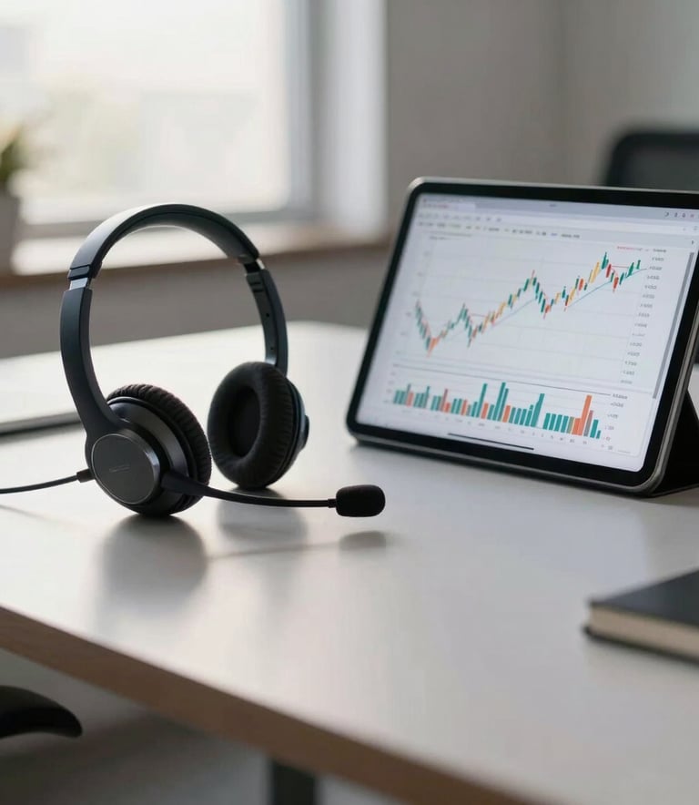 A high-end telecommunication workstation on a polished desk, featuring a modern headset and a tablet displaying financial growth charts, set in a professional Brazilian office with soft morning light.