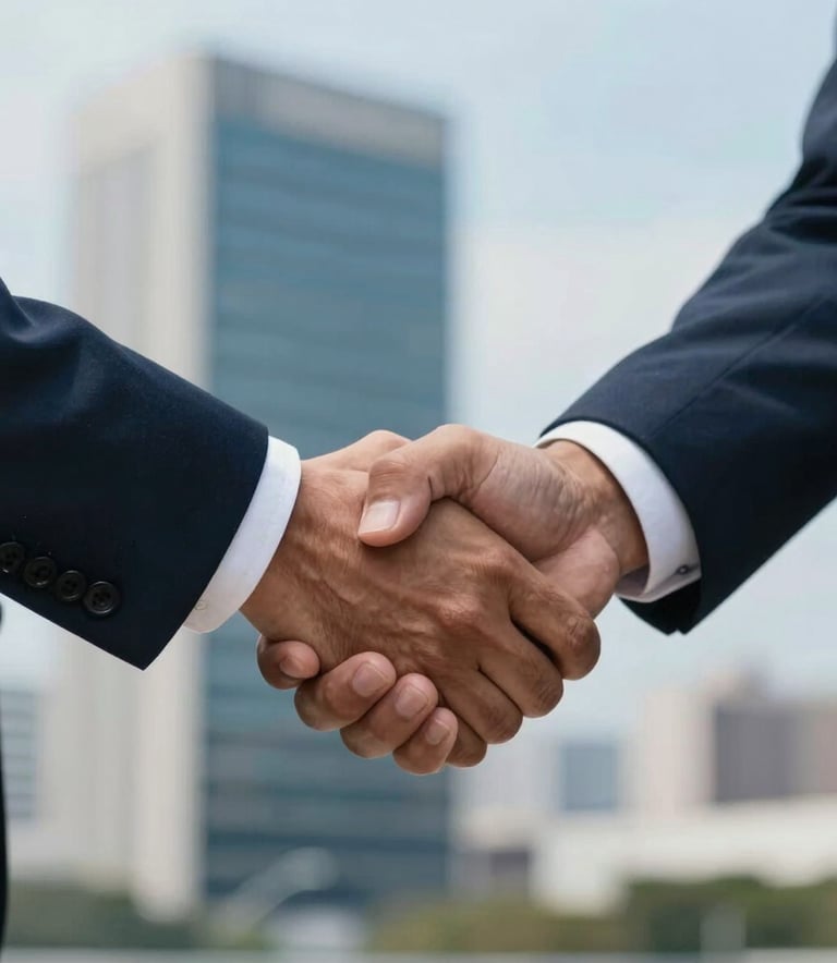Close-up of a firm handshake between two professionals in business attire, South American Brazilian context, outdoors with a soft-focus background of modern architecture, sky blue and navy blue tones.