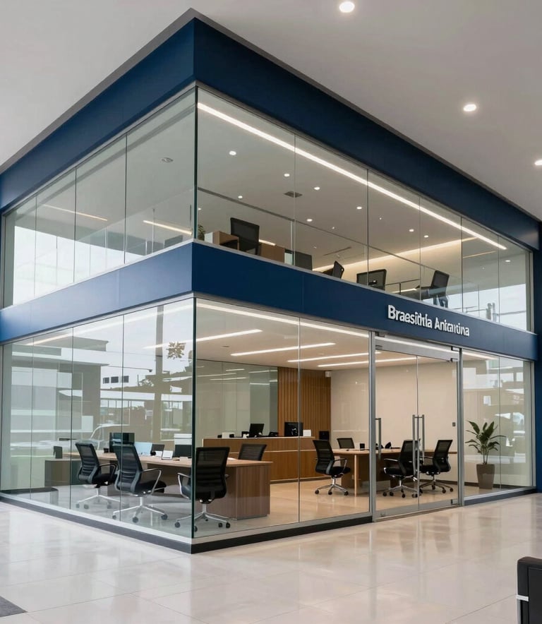 A wide-angle professional photograph of a modern Brazilian wealth management office, featuring sleek glass walls and a clean aesthetic in navy blue and steel blue tones, bright and inviting South American corporate environment.