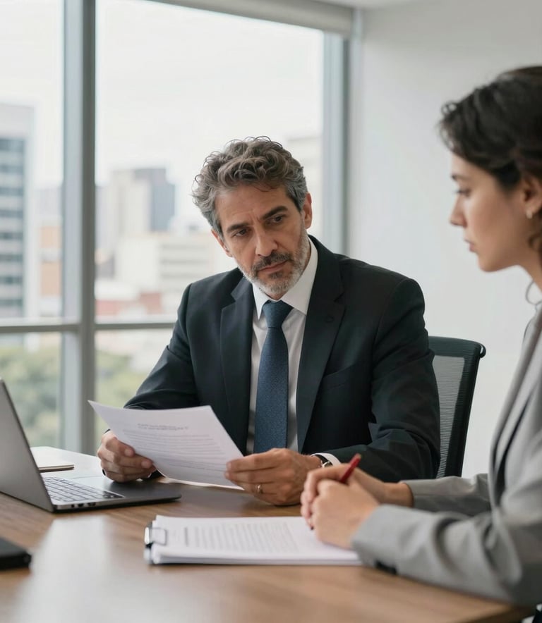 A professional business meeting in a bright, modern office in a South American Brazilian city, where an advisor and a client are looking at documents on a sleek table, natural light, high-end professional photography.