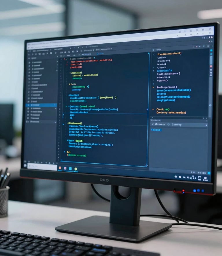 A close-up photograph of a professional workstation in a modern corporate office. A high-resolution monitor displays technical blueprints and code. The lighting is crisp and cool, with shades of deep navy and steel blue reflecting off glass surfaces. The composition is clean and minimalist.