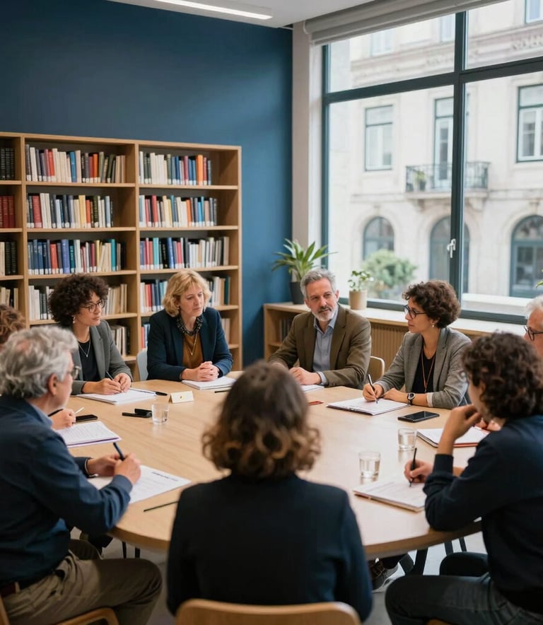 A collaborative workshop in a modern library in Lisbon, people of various ages engaged in a discussion, professional and inspiring atmosphere, soft Dark Blue and Light Blue accents, European / Portuguese architectural details.