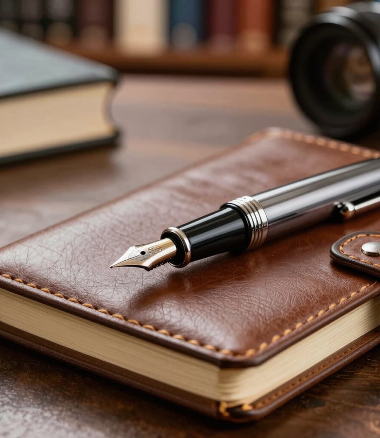 Detailed close-up of a fountain pen and a leather notebook on a desk in a European Portuguese library environment, professional and elegant atmosphere.