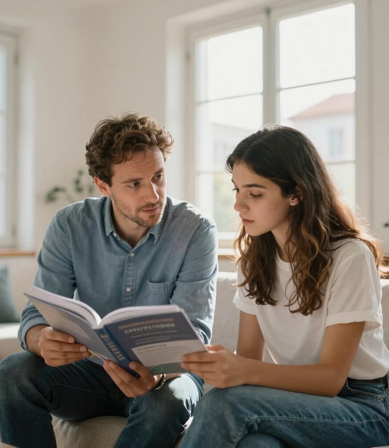 A professional and warm Portuguese tutoring session, a mentor and adult student looking at a textbook together in a bright, modern room with large windows, natural sunlight, soft Muted Blue and Off-white tones, European / Portuguese setting.