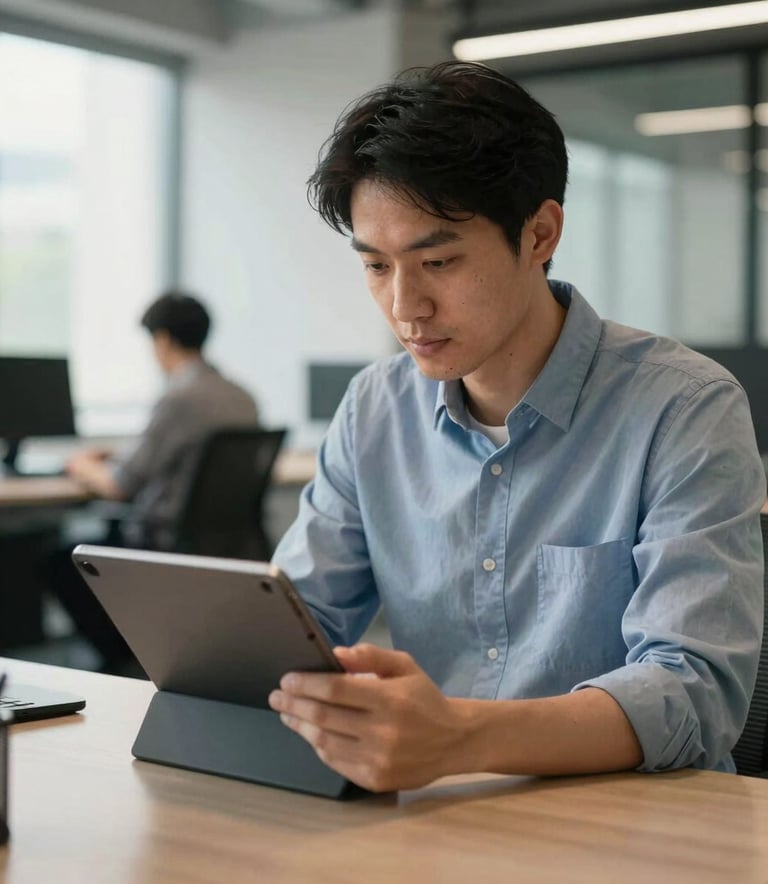 A focused adult learner in a modern European office setting, using a digital tablet for professional development, warm natural lighting, steel blue and light grey-blue tones.