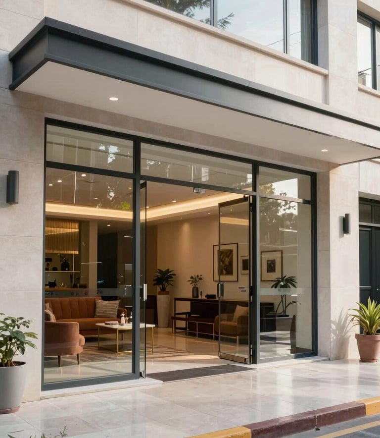 A bright and spotless modern apartment building entrance in a South American / Hispanic city, featuring polished floors, glass doors, and elegant furniture, natural lighting, professional photography style.