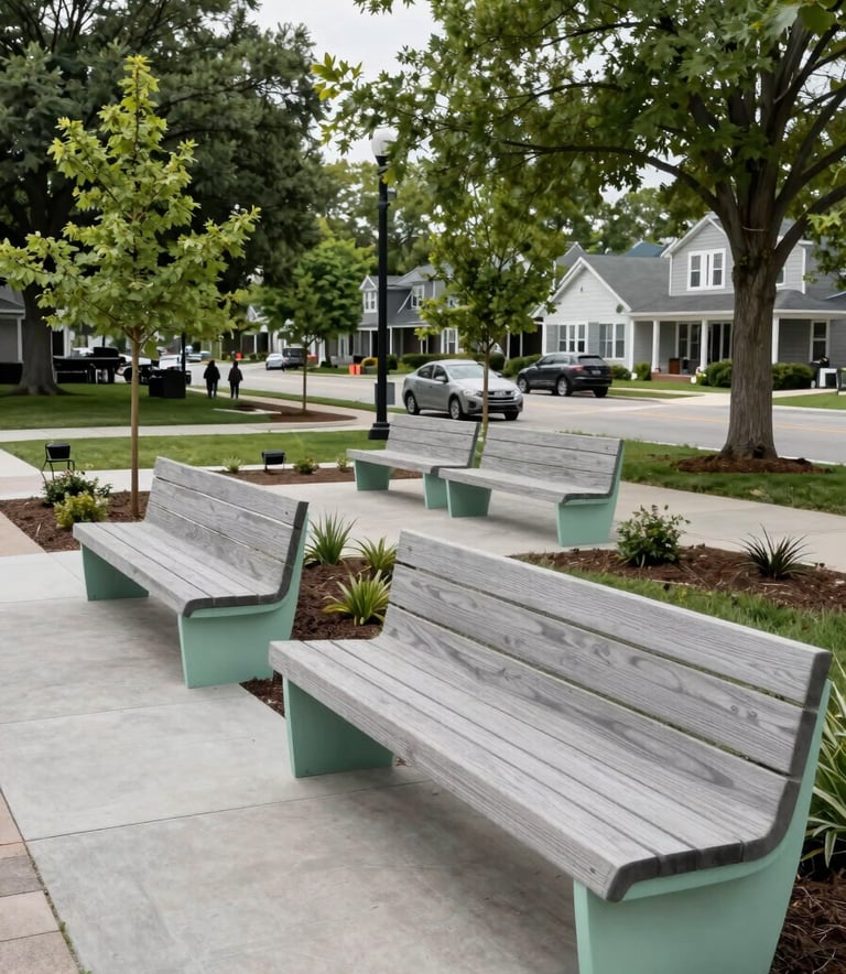 A wide-angle, bright photograph of a local community park renovation in a North American / US neighborhood, showing modern wooden benches and newly planted trees, reflecting forest sage and soft mint grey tones.