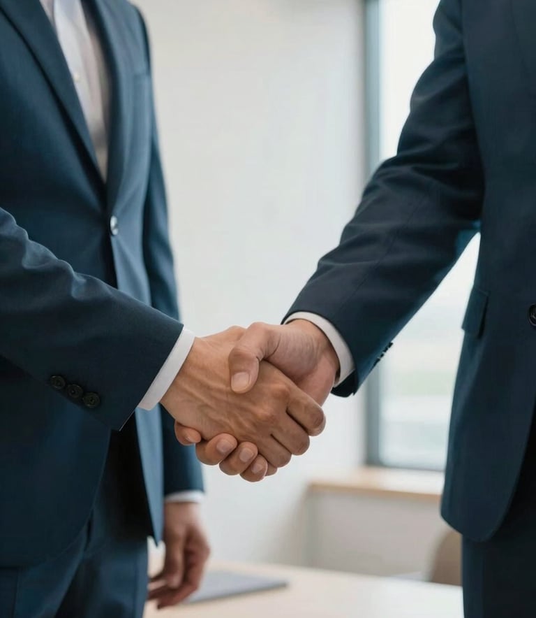 A close-up of a professional handshake between two people in business-casual attire inside a bright, modern North American / US office setting. The palette features Deep Teal accents and Soft Off-White walls.